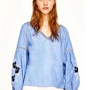 Zara Mexico Chambray top with embroidery. Size XS.